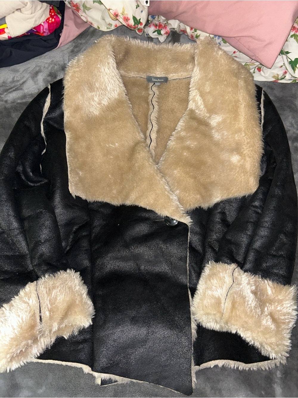 Neiman Marcus Black Teddy Jacket with Tan Faux-Shearling Trim